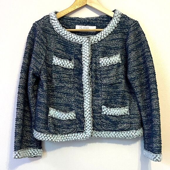 Anthropologie Isani Massey Cropped Tweed Beaded Jacket Boho Glam New Blue Medium - Picture 6 of 15